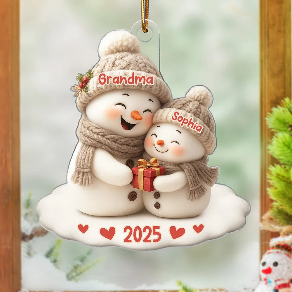 Personalized Acrylic Ornament for Grandma & Grandkid Snowman Hug Christmas Tree Decor Unique Family Gift