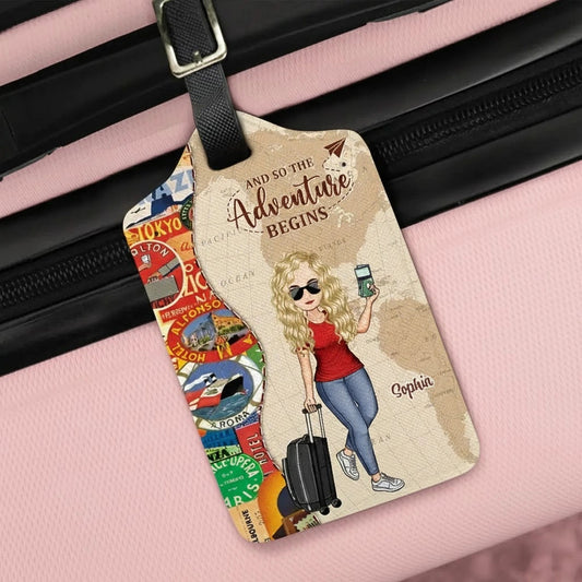 And So The Adventure Begins Leather Luggage Tag, Personalized Travel Accessory for Her with Cartoon Traveler, Stylish Unique Gift for Trips & Cruises