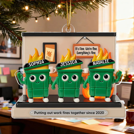 Funny Office Acrylic Ornament With Flaming Trash Cans, Unique Coworker Gift For Desk Or Tree