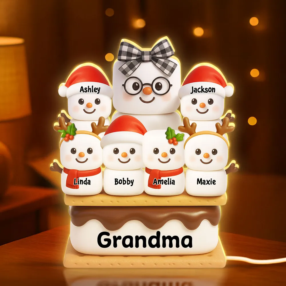 Personalized Acrylic Light Box - Cute S'mores Marshmallow Stack with Santa Hats & Warm Glow - Unique Gift for Grandma