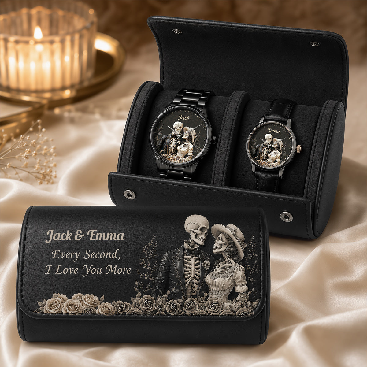 Couple Skull Watch Set With Case - Personalized Couple Hand Watch