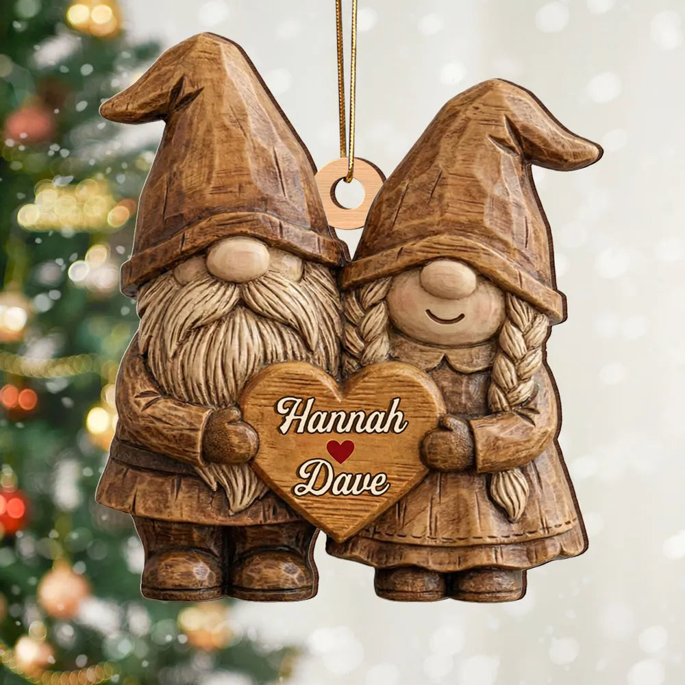 Personalized Wooden Ornament, Cute Gnome Couple Holding Heart, Unique Romantic Gift for Couples, Cozy Holiday Keepsake