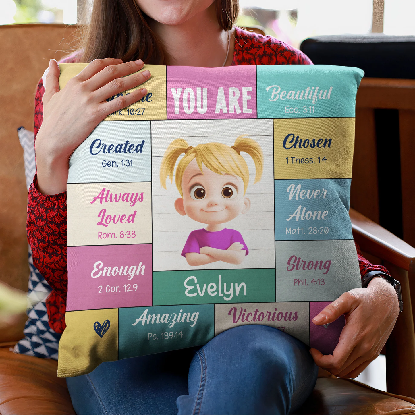 Square Pillow with 'You Are' Bible Verse Affirmations, Bright Pastel Nursery Accent, Thoughtful Personalized Gift for Kids