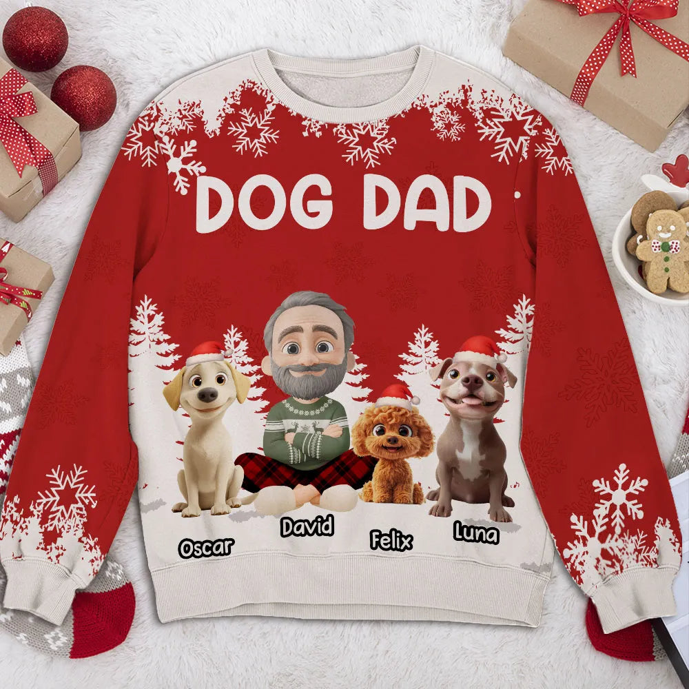 Personalized Dog Dad Printed Sweatshirt with Custom Cartoon Man and Puppy, Cozy Christmas Gift for Proud Pet Lovers