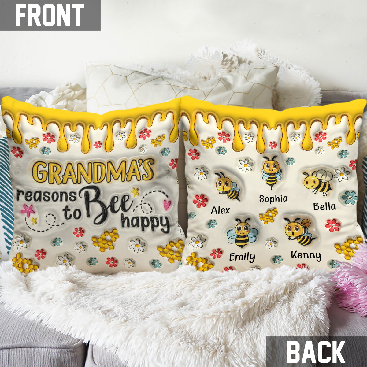 Grandma's Reasons To Bee Happy - Personalized Grandma Throw Pillow