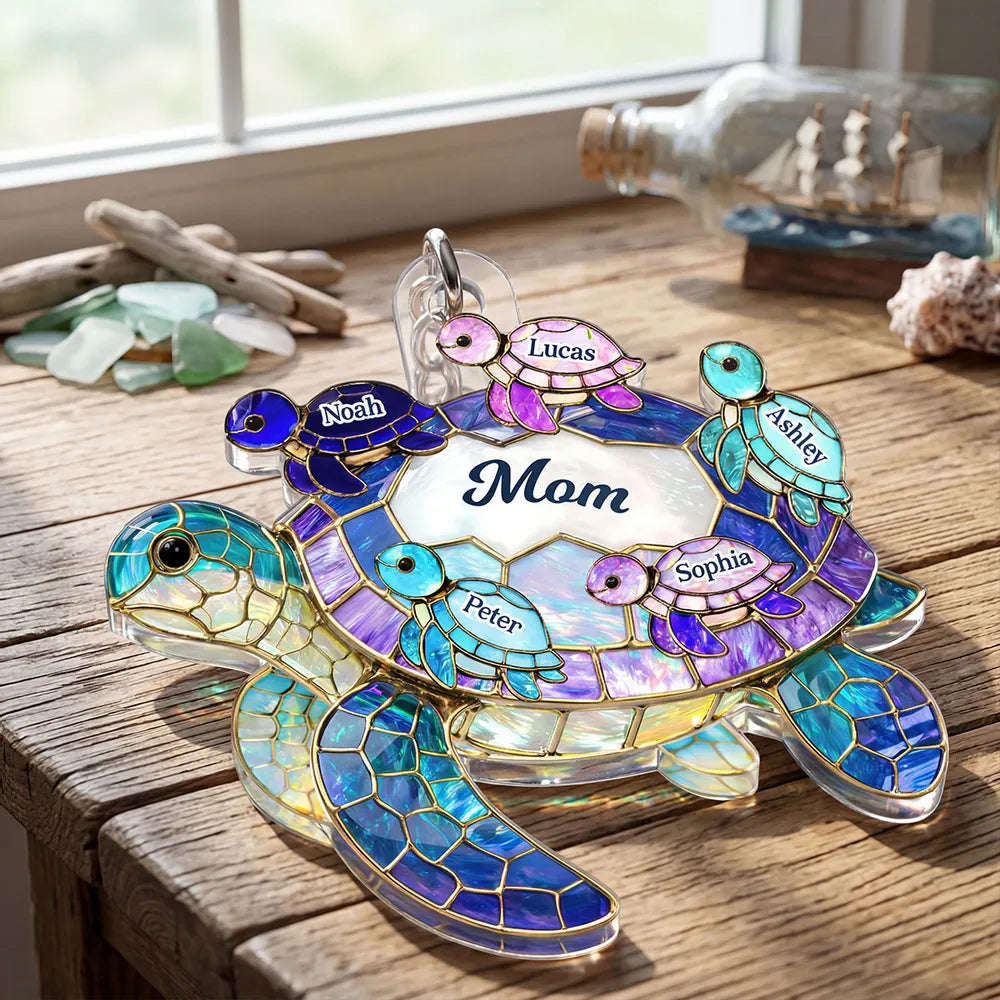 Personalized Sea Turtle Acrylic Keychain for Grandma - Bright Stained Glass Style Beach Charm, Unique Gift for Her