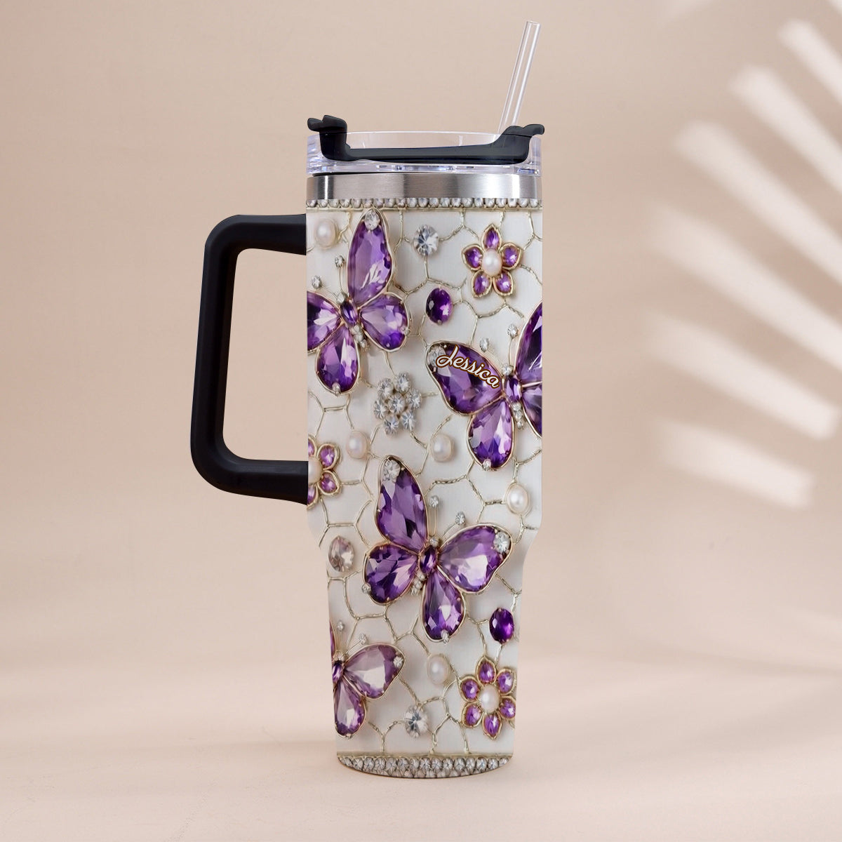 Love Butterflies - Personalized Butterfly Tumbler With Handle