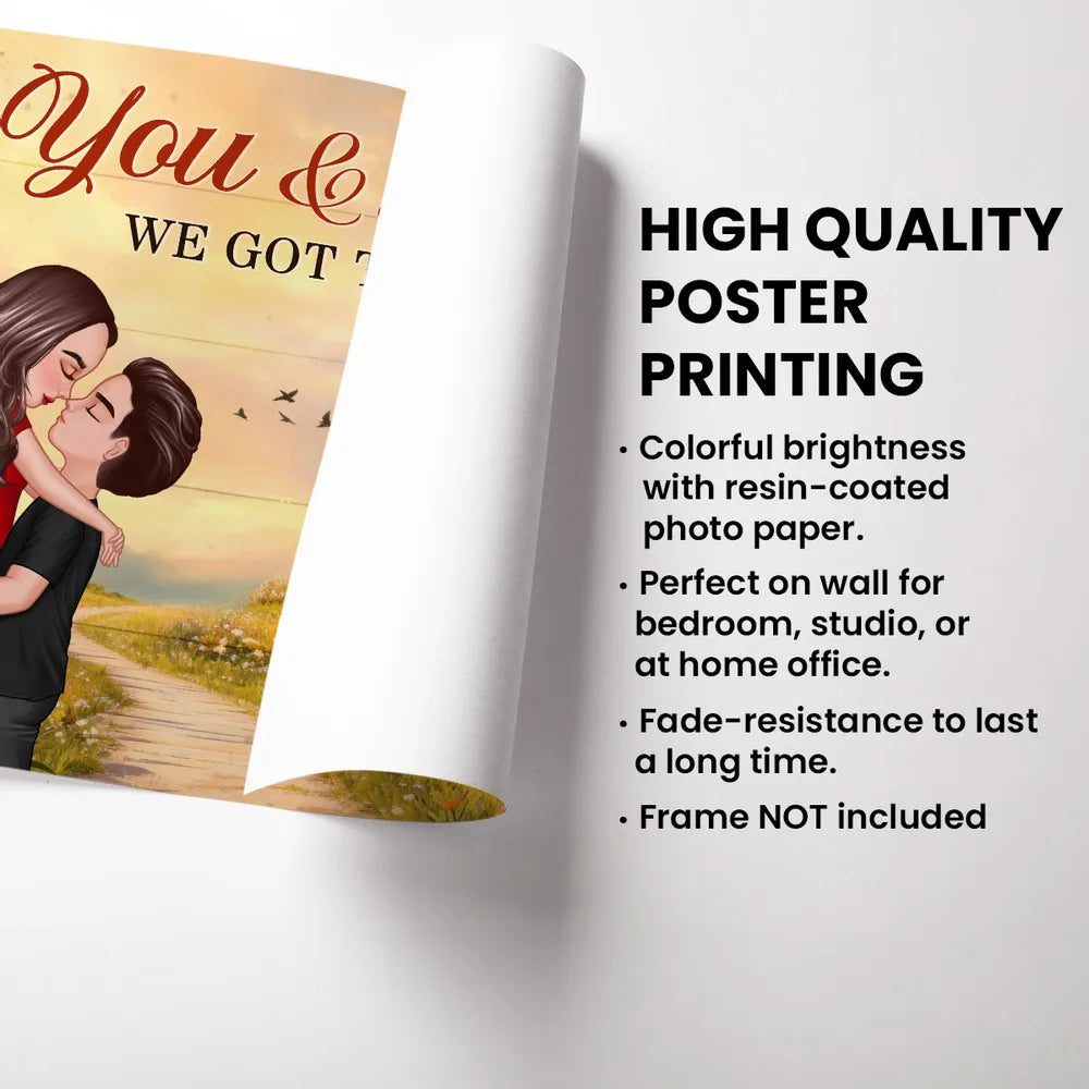 Personalized Couple Poster You & Me We Got This, Hugging Kiss by a Country Church, Romantic Wall Art Unique Gift for Husband or Wife
