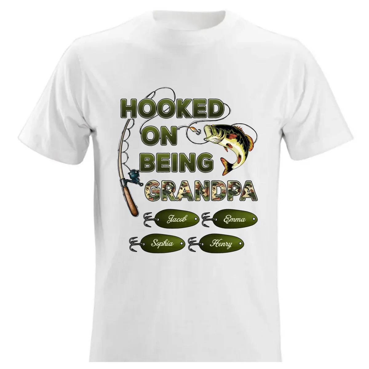 "Personalized Grandpa Fishing T-Shirt/Hoodie - Hooked on Being Grandpa - Ideal Father's Day or Birthday Gift"