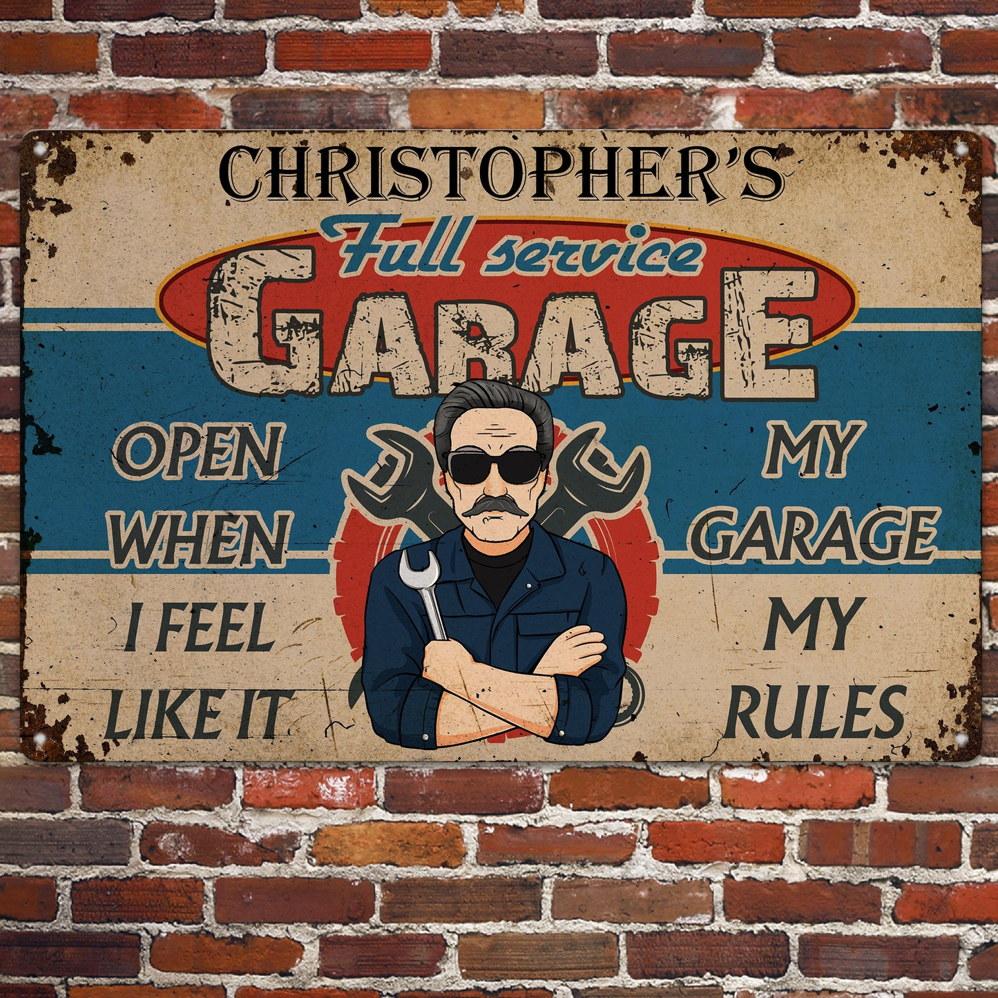 Personalized Rectangular Iron Sign, Retro Full Service Garage Cartoon Mechanic, My Garage My Rules, Unique Gift