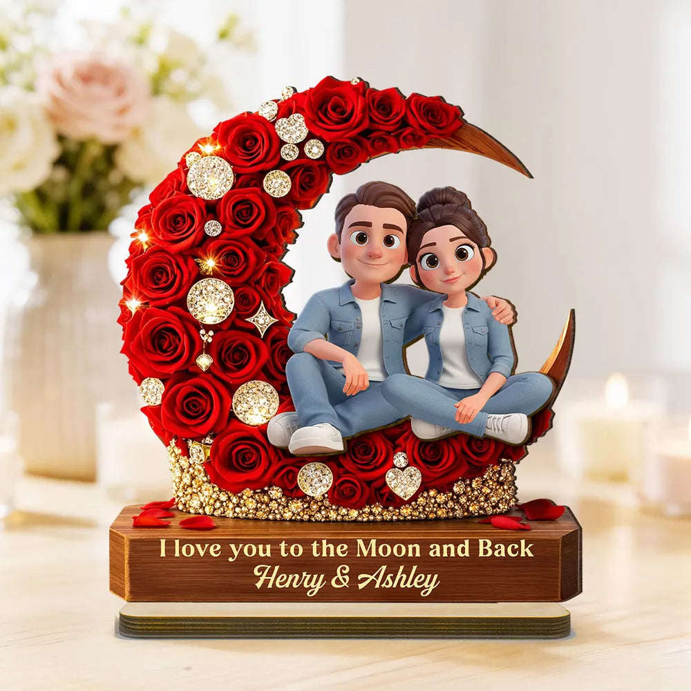 2-Layer Wooden Plaque Custom Couple on Red Rose Crescent Moon Sweet I Love You to the Moon and Back Keepsake Gift for Her or Him