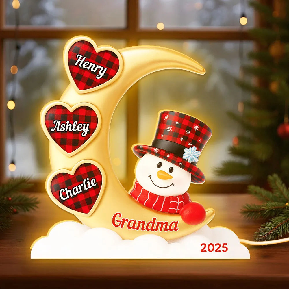 Snowman Moon Acrylic Light Box, Custom for Grandma, Cozy Christmas Decor with Soft Warm Glow, Unique Keepsake Gift