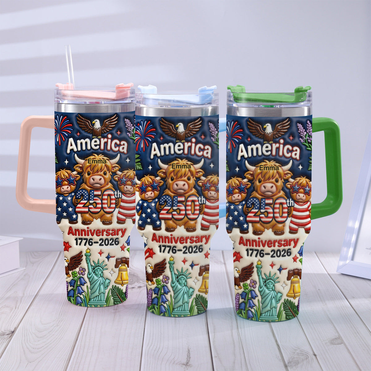 Cute Highland Cow America 250th Anniversary - Personalized Highland Cow Tumbler With Handle
