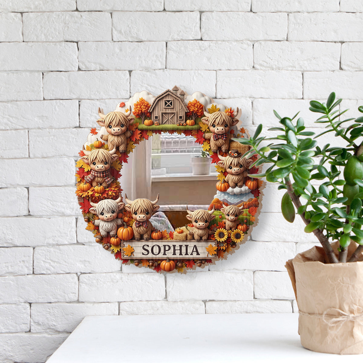 Autumn Highland Cows - Personalized Highland Cow Wall Hanging Mirror