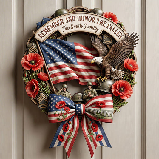 Honor The Fallen - Personalized Memorial Day Shaped Wood Sign With Sash