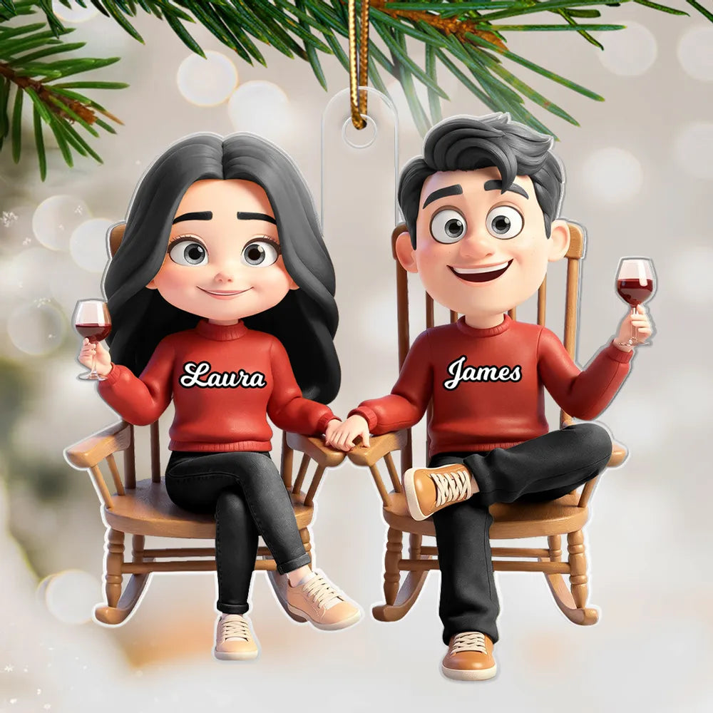 Personalized Acrylic Ornament with Cute Cartoon Couple in Rocking Chairs – Cozy Wine Night Scene, Unique Gift for Couples & Home Holiday Decor