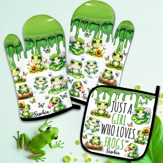 Just A Girl Who Loves Frogs - Personalized Frog Oven Mitts & Pot Holder Set