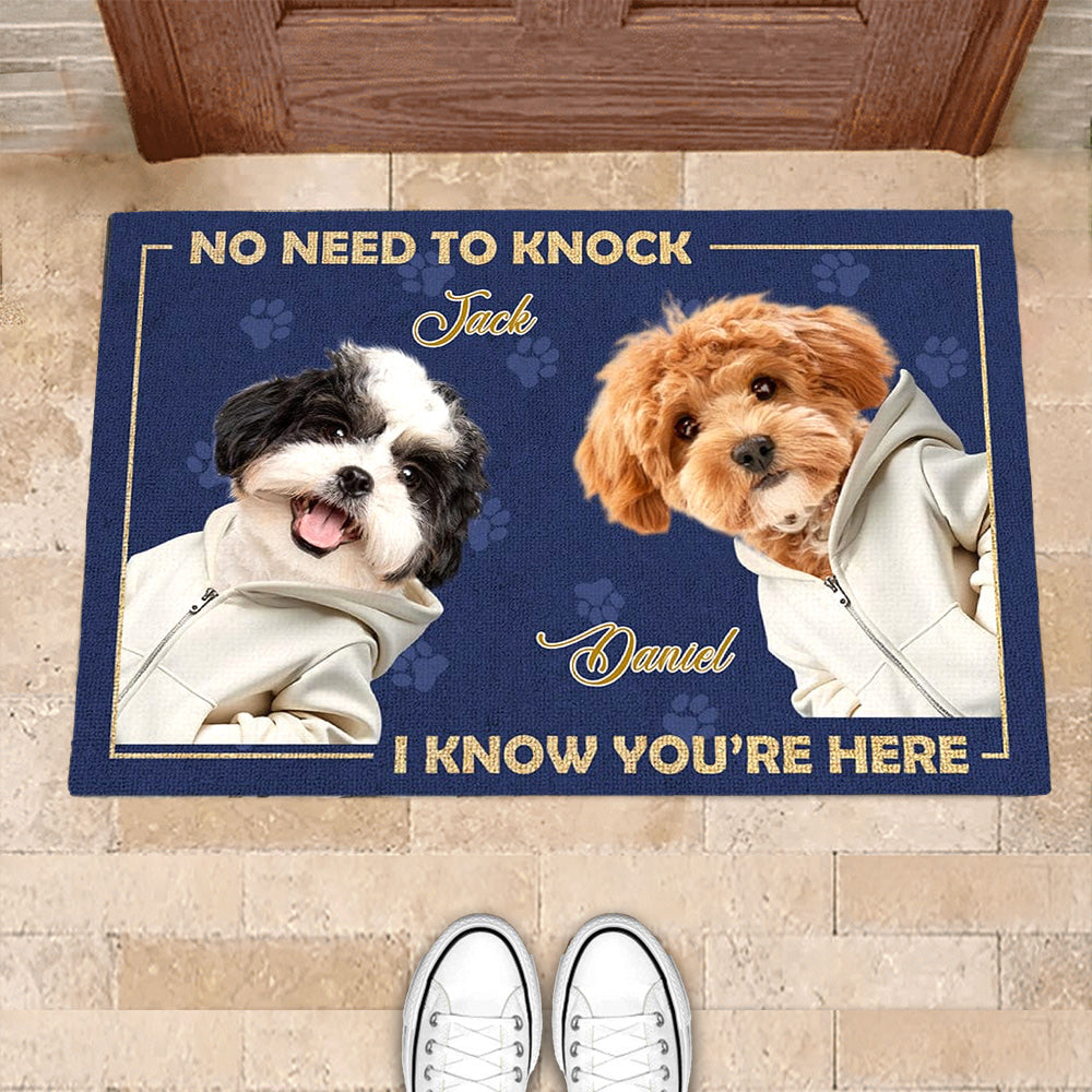 Personalized Doormat for Dog Lovers – Customizable Dog Photo Mat with Message, "No Need to Knock, I Know You’re Here", Perfect Gift for Pet Owners, Home Decor for Dog Families
