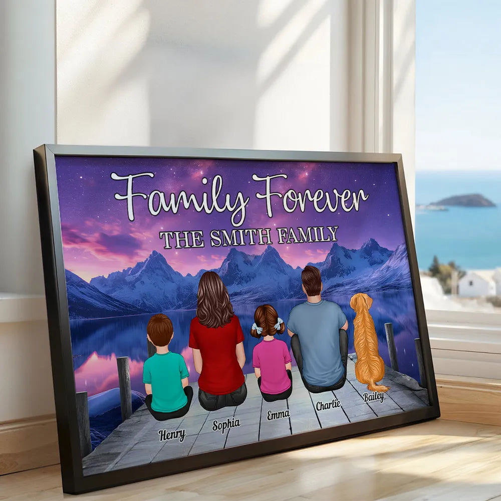 Custom Family Poster – “Family Forever” Back View with Names, Kids and Pets, Framed or Canvas Available