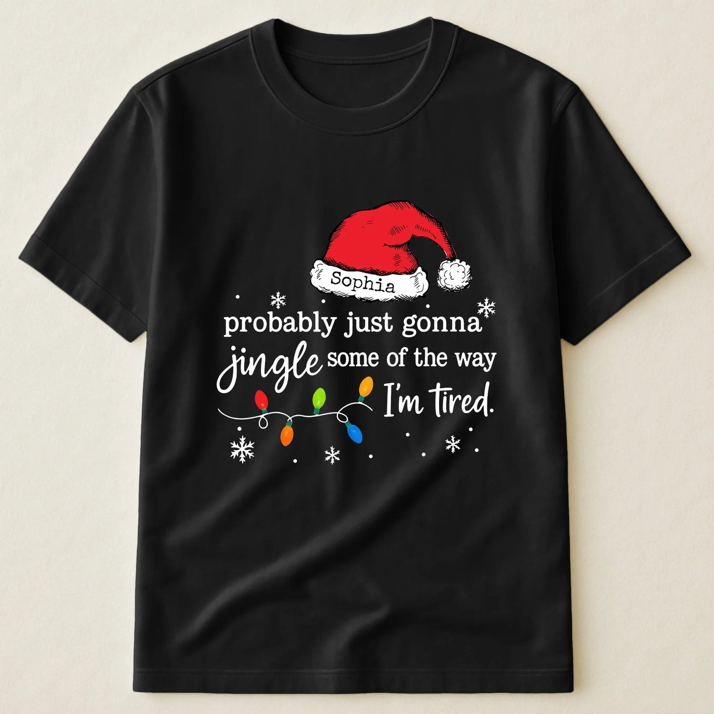 Custom Name Classic Tee with Santa Hat and Lights, Hilarious Christmas Shirt for Parties, A Unique Relaxed Holiday Gift