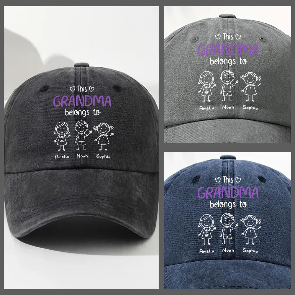 Washed Denim Baseball Cap - 'This Grandma Belongs To' Personalized, Hand-Drawn Stick Kids, Unique Gift for Grandma