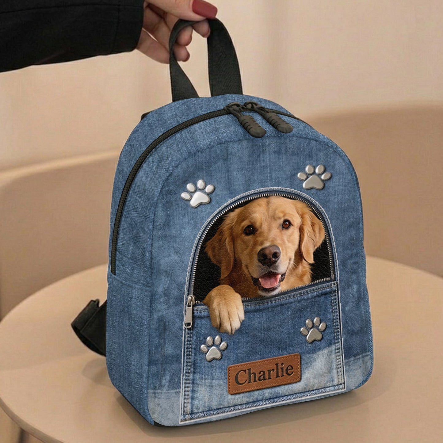 Any Photo Personalized Denim Dog Backpack - Personalized Dog Changeable Leather Patch Backpack