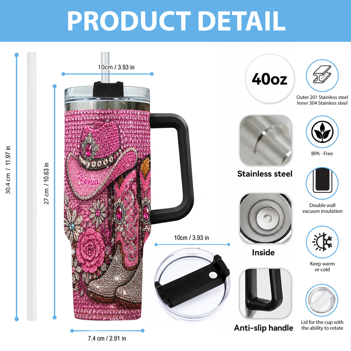 Cowgirl Boots - Personalized Cowgirl Rhinestone Tumbler With Plush Charm