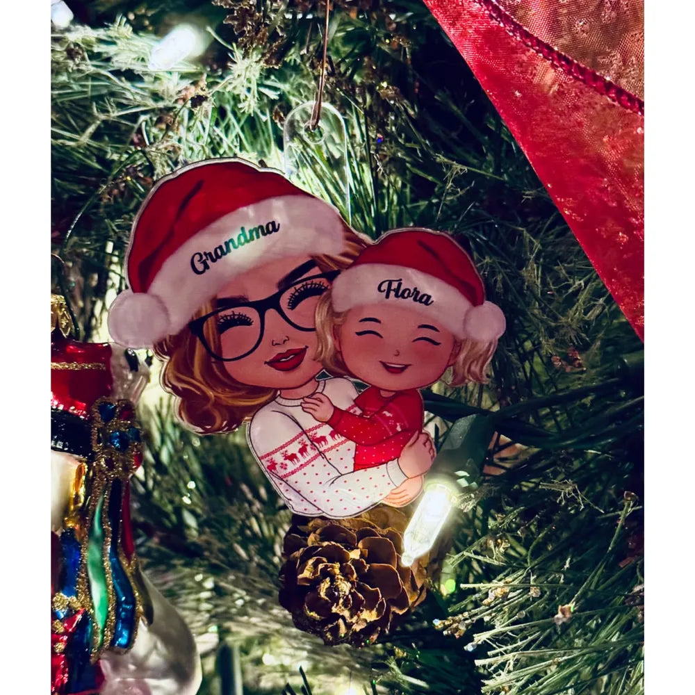 Gift for Grandkid & Grandma - Grandma Mom Hugging Kid - Personalized Custom Ornament, Keychain,Plaque and Pillow