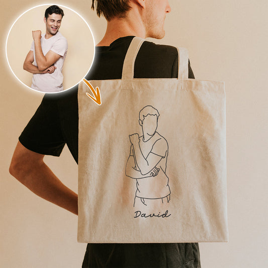 Custom Photo Line Art - Personalized grandson Embroidered Tote Bag