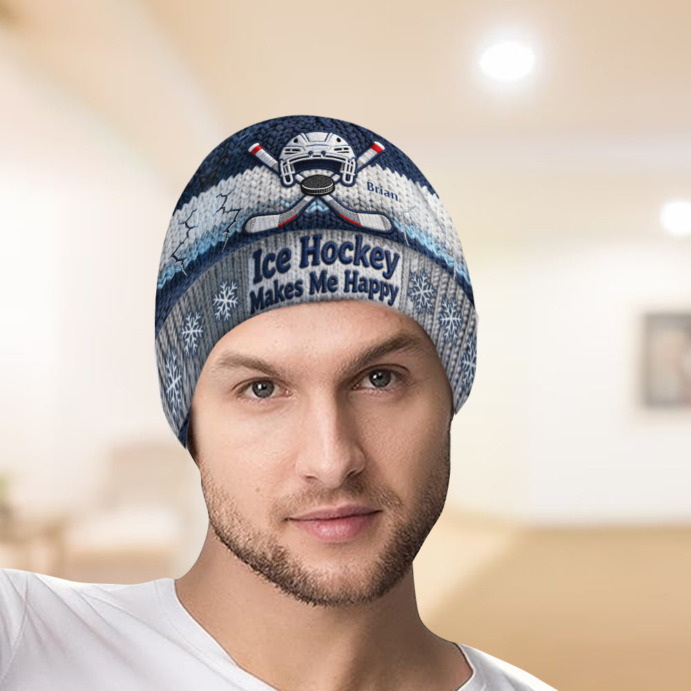 Ice Hockey Makes Me Happy - Personalized Hockey Beanie Hat