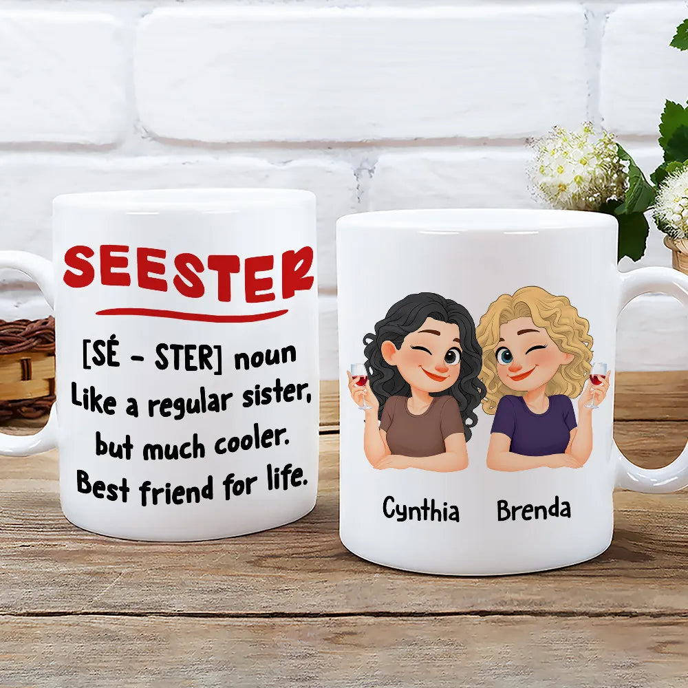 Personalized Seester Squad Ceramic Mug with Cute Cartoon Besties - Unique Coworker or Best Friend Gift