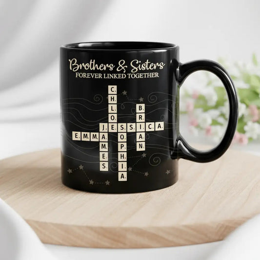 Full Color Mug with Brothers & Sisters Crossword Theme, High Clarity, Fun and Sentimental Gift for Family