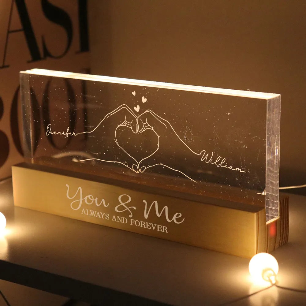 Personalized Block LED Light Plaque with Heart Hands Outline for Couple, Warm Night Light Keepsake, Unique Gift for Him or Her