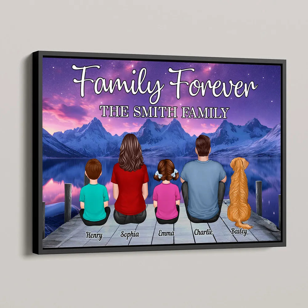 Custom Family Poster – “Family Forever” Back View with Names, Kids and Pets, Framed or Canvas Available