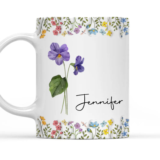 White Ceramic Mug with Floral Design and Name Print – Elegant Personalized Gift for Her, Perfect for Birthdays and Special Moments