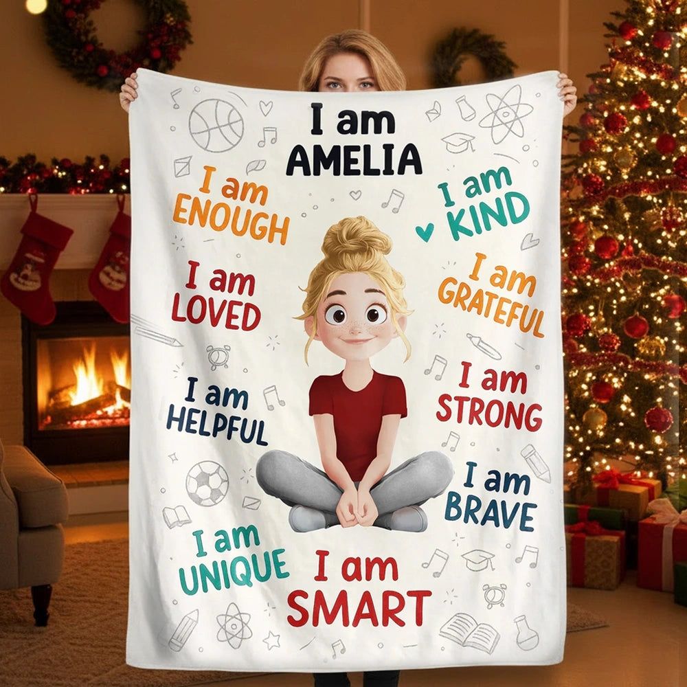 Personalized Fleece Blanket for Kids with I Am Affirmations, Cute Cartoon Girl, Confidence Boost, Unique Creative Gift for Daughters