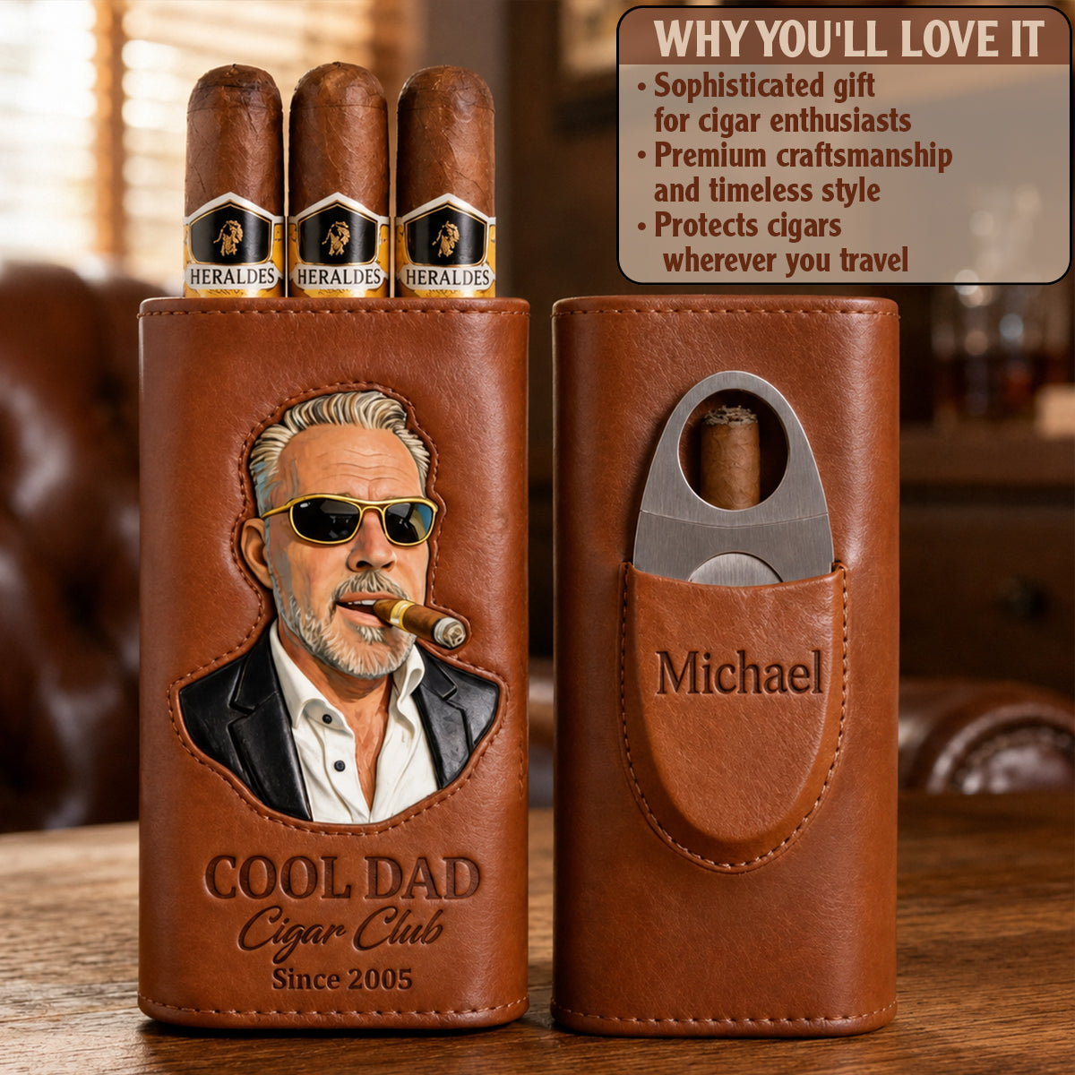 Dad Loves Cigars - Personalized Father Leather Cigar Humidor Case