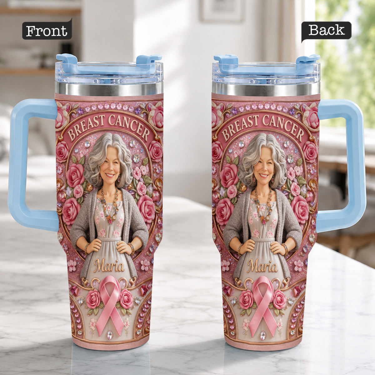 Hope Strength Love - Personalized Breast Cancer Awareness Tumbler With Plush Charm