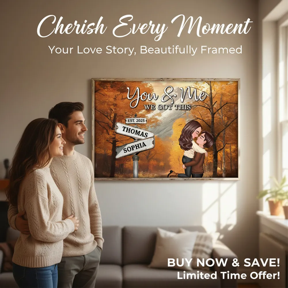 Personalized Couple Kissing at Crossroads Street Sign Poster, Cozy Autumn Wall Art, Unique Gift for Couples