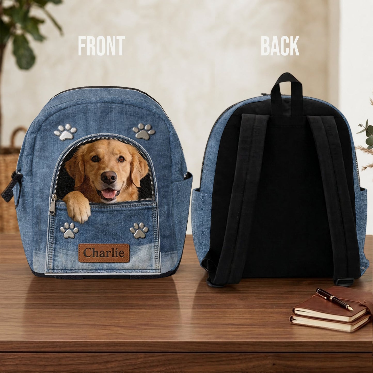 Any Photo Personalized Denim Dog Backpack - Personalized Dog Changeable Leather Patch Backpack