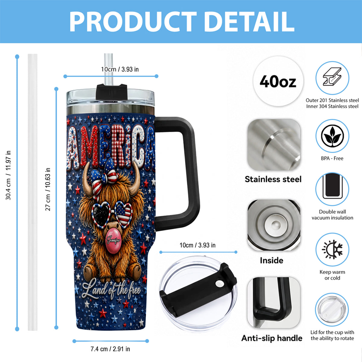 Land Of The Free - Personalized Highland Cow Tumbler With Plush Charm