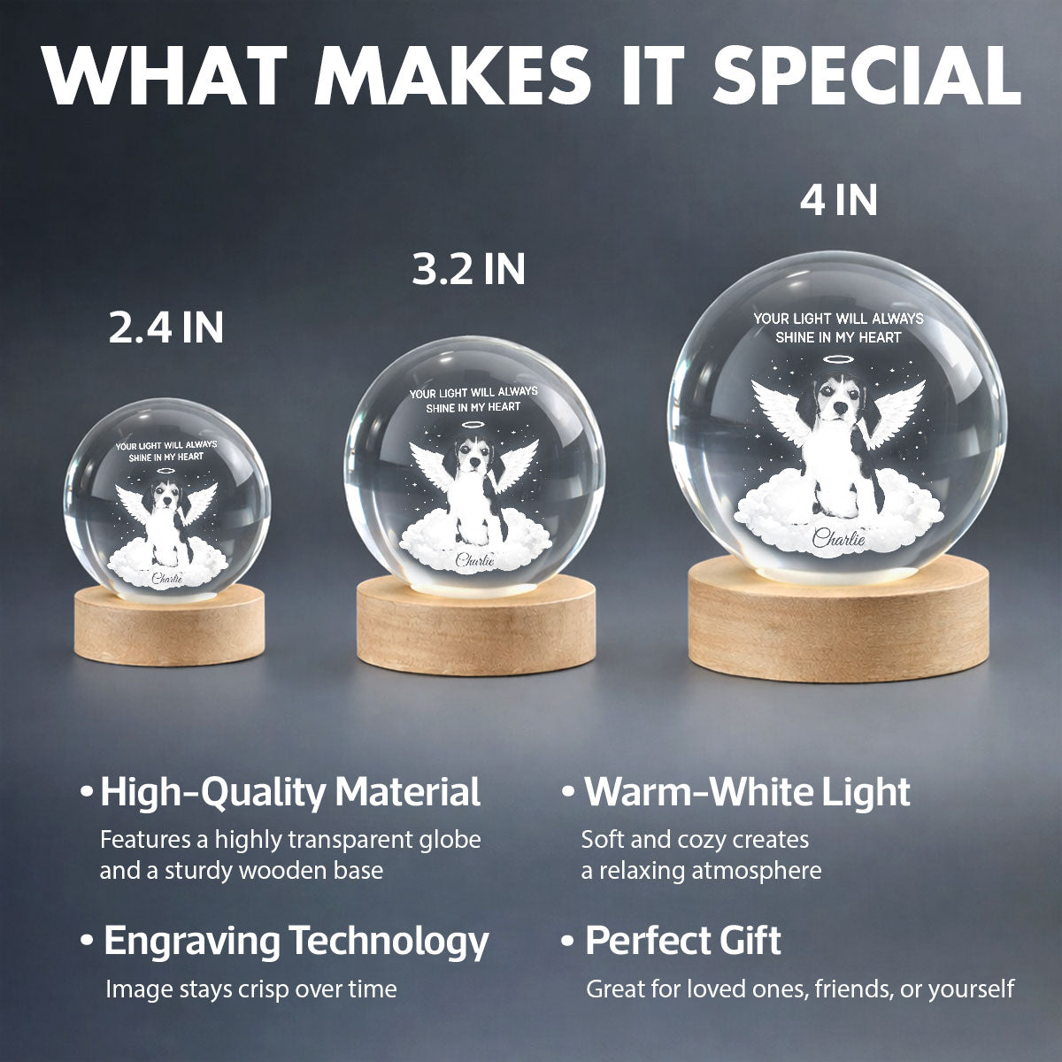 Personalized Crystal Ball LED Night Light Pet Memorial Gift, Angel Wings Quote, Warm Glow Bedside Keepsake
