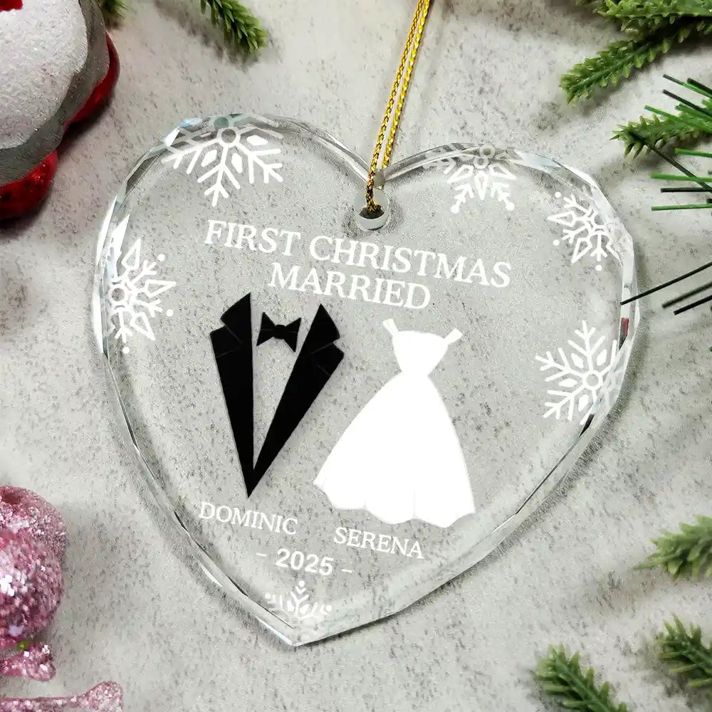 “First Christmas as Mr & Mrs” Crystal Heart Ornament, Personalized Newlywed Keepsake Gift