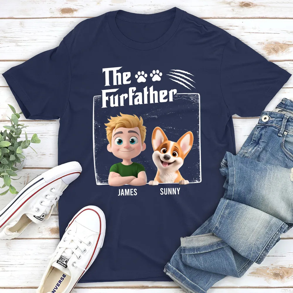 The FurFather Classic Tee with custom cartoon man and dog design, comfy cotton fabric, perfect gift for dog dads