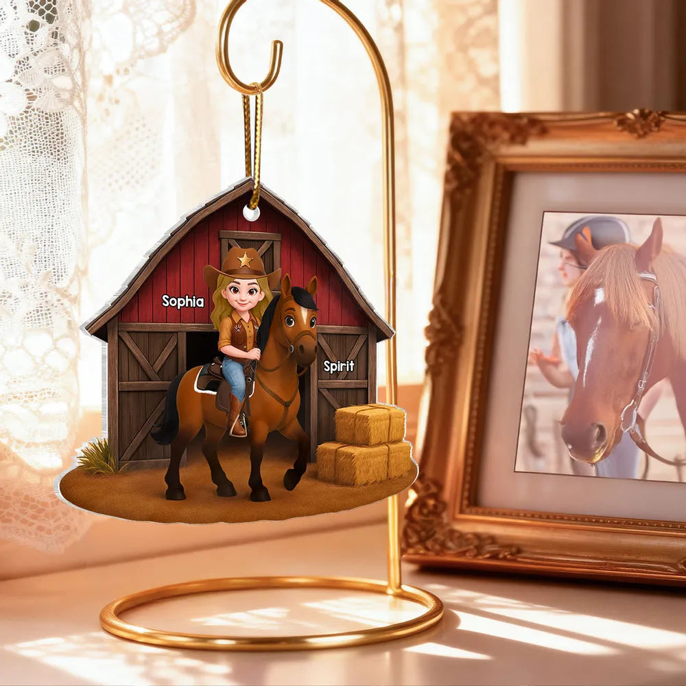 Acrylic Ornament, Cowgirl Riding Horse at Red Barn, Custom Farm Scene, a unique gift for Horse Lovers & Kids