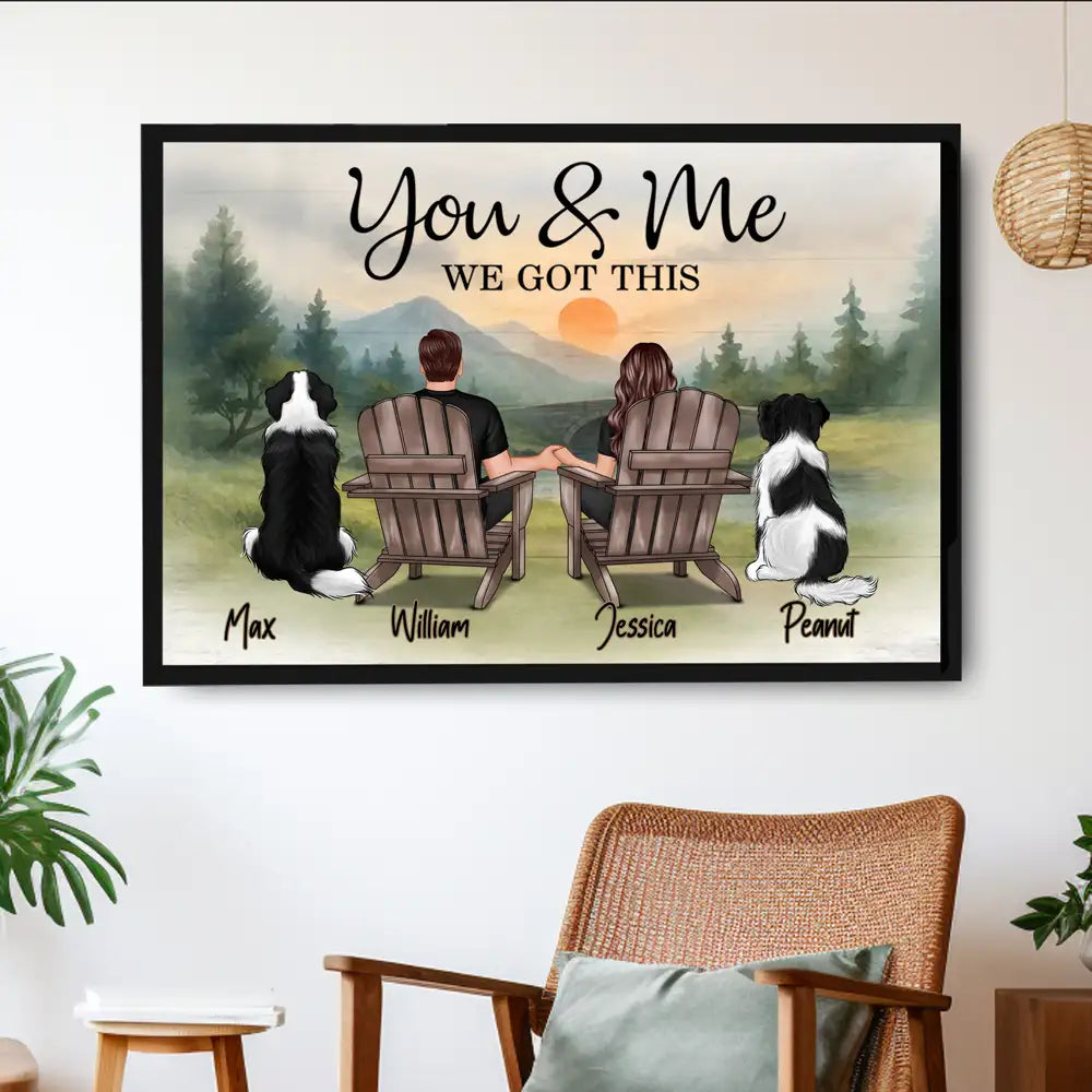 "You & Me and the Dogs – Customizable Couple Poster with Pets, Personalized Beach Scene"