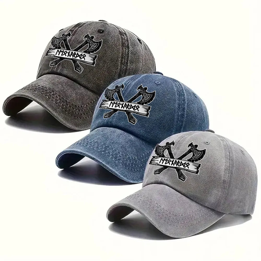 Washed Denim Baseball Cap with Crossed Viking Axes Rune Style, Personalized One of a Kind Everyday Sun Cap, Cool Gift