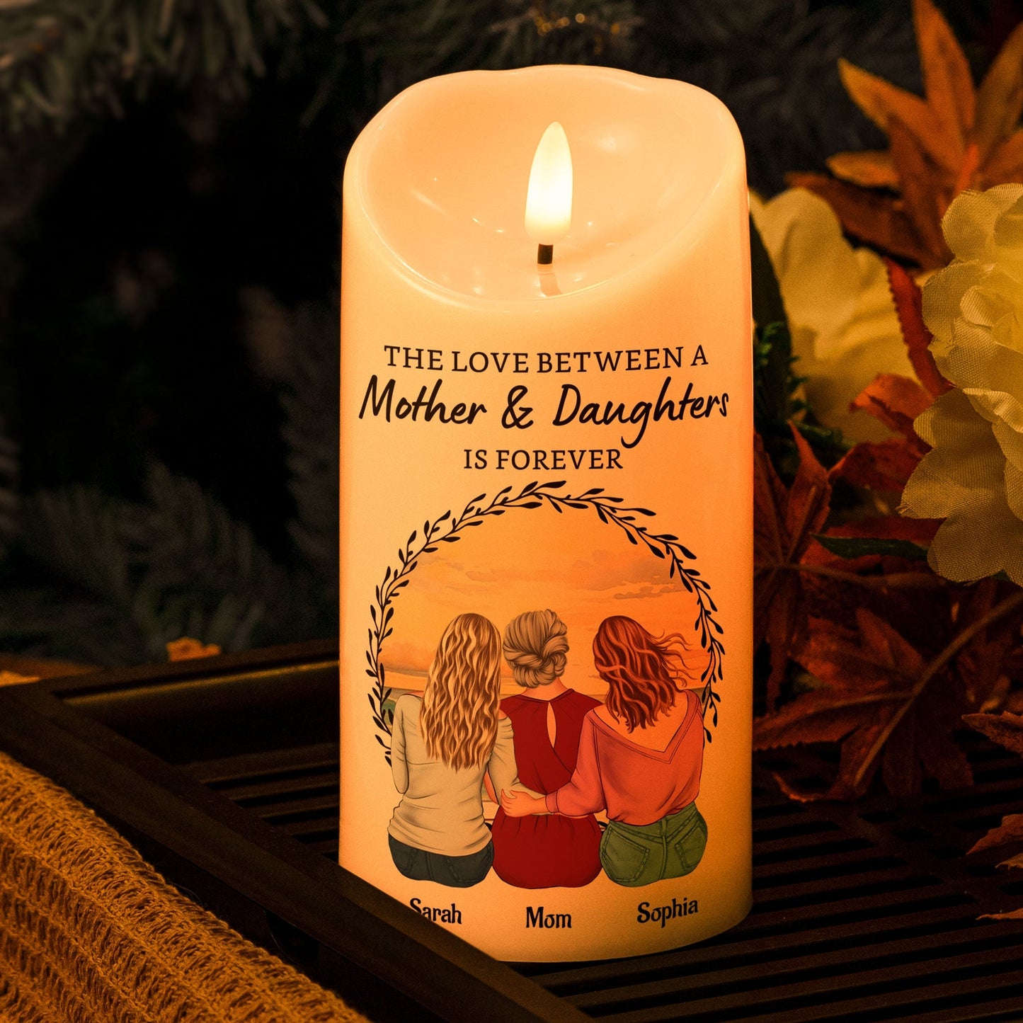 Love Is Forever - Custom Mother‑Daughters Glow Candle, Sunset Back‑View Illustration, Safe Wax‑Like Lamp Gift