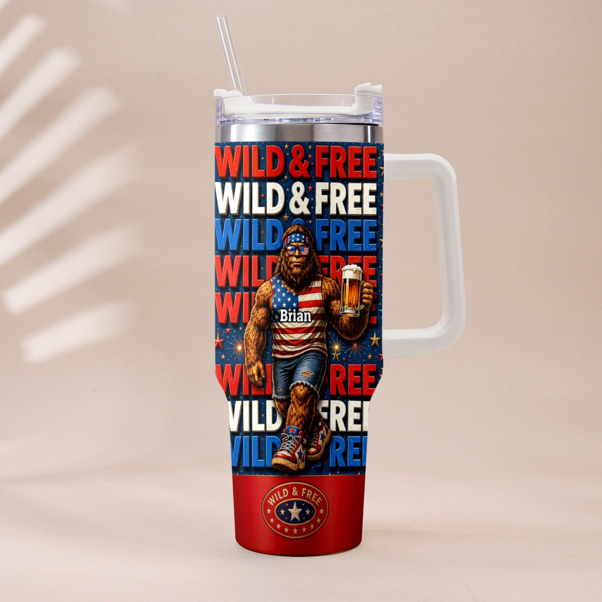 4th of July, Bigfoot Independence Day - Personalized Bigfoot Tumbler With Handle
