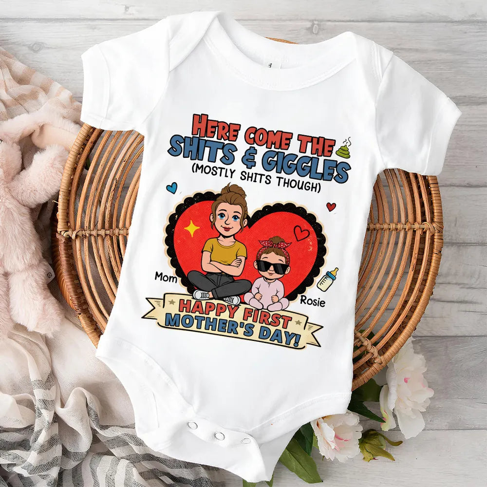 Here Come The Giggles Personalized Short Sleeve Baby Onesie, Funny First Mother's Day Gift for New Mom